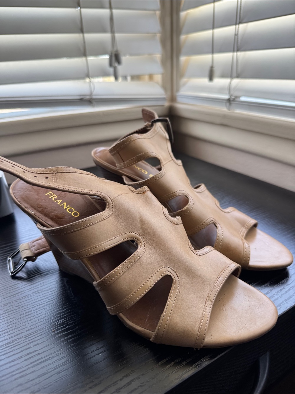 Franco Sarto Neutral Tan Cutout Leather 3” Wedge Sandals